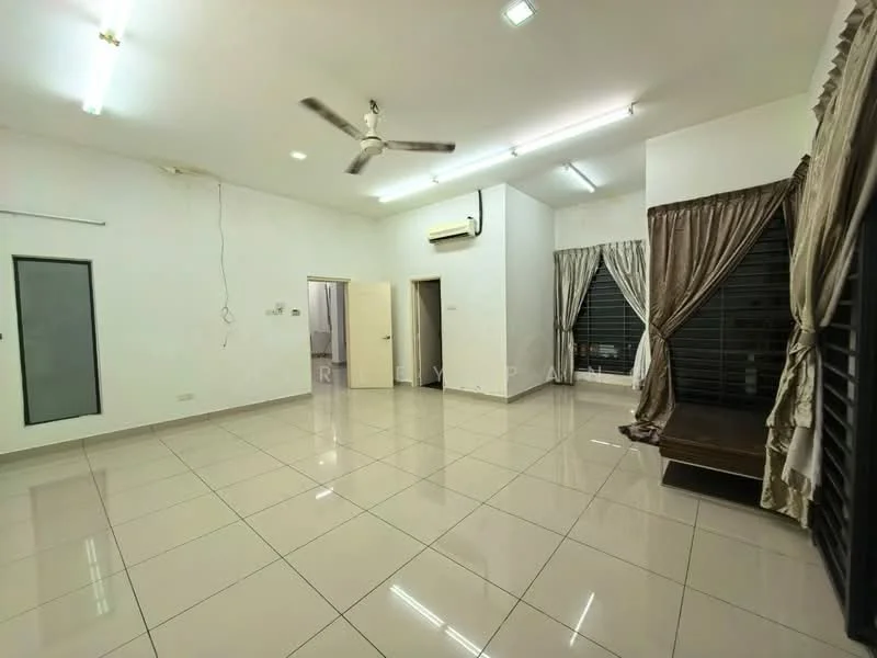 Living features: white painted walls, glossy ceramic tile flooring, recessed LED downlights, 5-blade ceiling fan, floor-to-ceiling windows, blackout curtains, air conditioning unit, built-in wooden shelf, decorative curtain rod; style: modern.