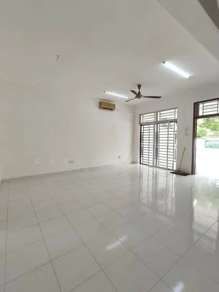 Living features: white painted walls, glossy white tile flooring, 5-blade ceiling fan, wall-mounted split AC, large windows with grilles, natural light from windows, sliding glass door, neutral decor; style: modern; view: garden.