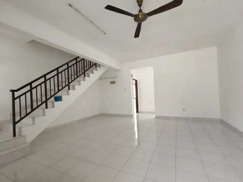 Living features: white painted walls, glossy ceramic tile flooring, 5-blade ceiling fan, staircase with metal railing, large window for natural light, open layout, no visible furniture, neutral color scheme; style: modern.