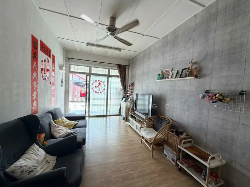 Living features: 2-seater fabric sofa in dark grey, 3-seater fabric sofa in light grey, ceiling fan with 5 blades, wooden flooring, wall-mounted TV, white TV console, open shelving unit, decorative wall art, large sliding glass door, sheer curtains, natural light from window, rattan chair, decorative items on shelves; style: modern; view: garden.