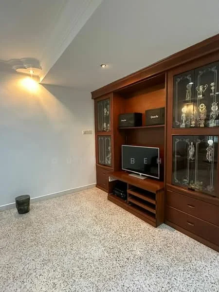 Living features: terrazzo flooring, white painted walls, recessed downlights, built-in wooden cabinetry, glass display cabinets, TV console, wall-mounted TV, decorative trophies, ceiling moulding; style: modern.