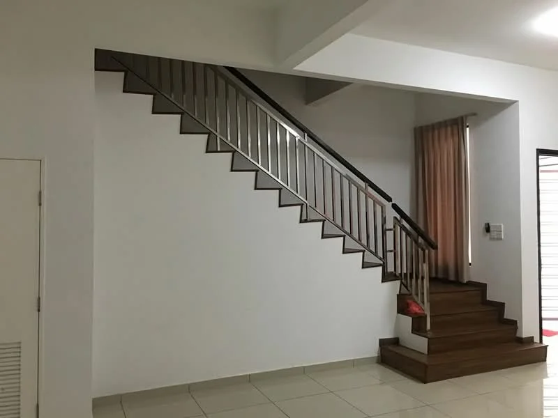 Room features: stainless-steel railing, wooden staircase, white painted walls, cream tiled flooring, curtains in beige, corner wall with door, light ceiling, open space layout; style: modern.