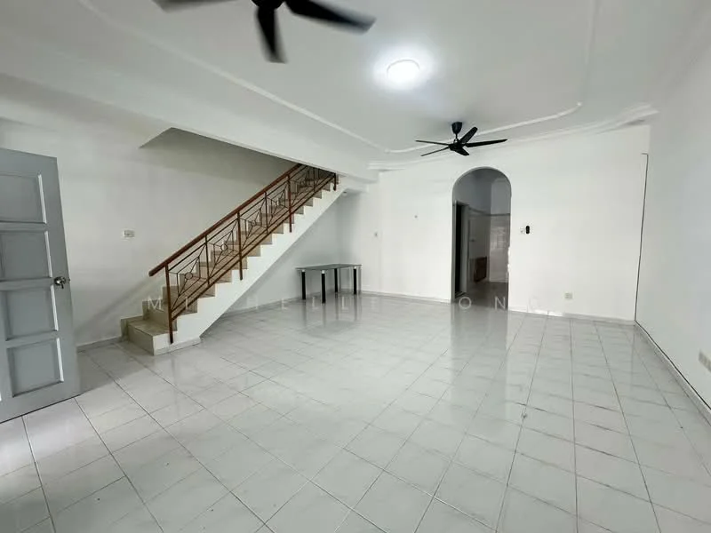 Living features: white painted walls, white tiled flooring, ceiling with decorative molding, 2 ceiling fans, staircase with wooden railing, arched doorway, light fixture in ceiling, open layout; style: modern.