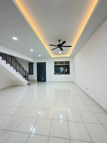 Living features: white painted walls, glossy ceramic tile flooring, recessed LED downlights, 5-blade ceiling fan, staircase with black railing, large windows, neutral color scheme, crown moulding; style: modern.