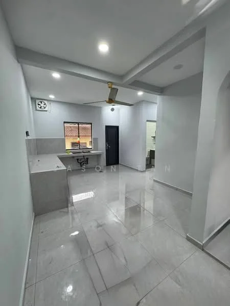 Room features: white painted walls, glossy marble tile flooring, recessed LED downlights, ceiling fan, window with view of exterior, kitchen counter with backsplash, black door, clock on wall; style: modern.