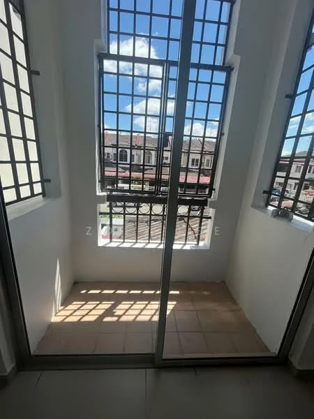 Room features: tiled flooring, large windows with metal grilles, natural light, white painted walls, corner balcony, view of surrounding buildings, sliding glass door, open space; style: modern; view: city.