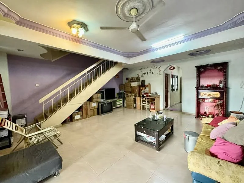 Living features: cream tiled flooring, purple accent wall, white painted walls, ceiling fan with light, sofa with colorful cushions, coffee table, TV console, freestanding TV, bookshelves, staircase leading to upper level, decorative cabinet, open layout; style: modern.