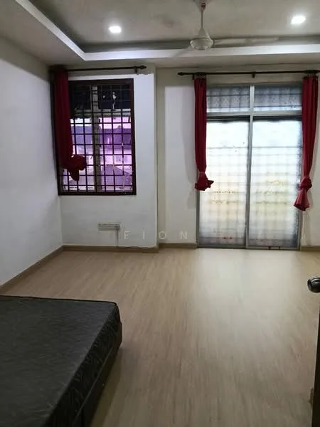 Room features: wooden flooring, white painted walls, ceiling fan, large window with grid pattern, sliding glass door, red curtains, minimalist decor; style: modern.