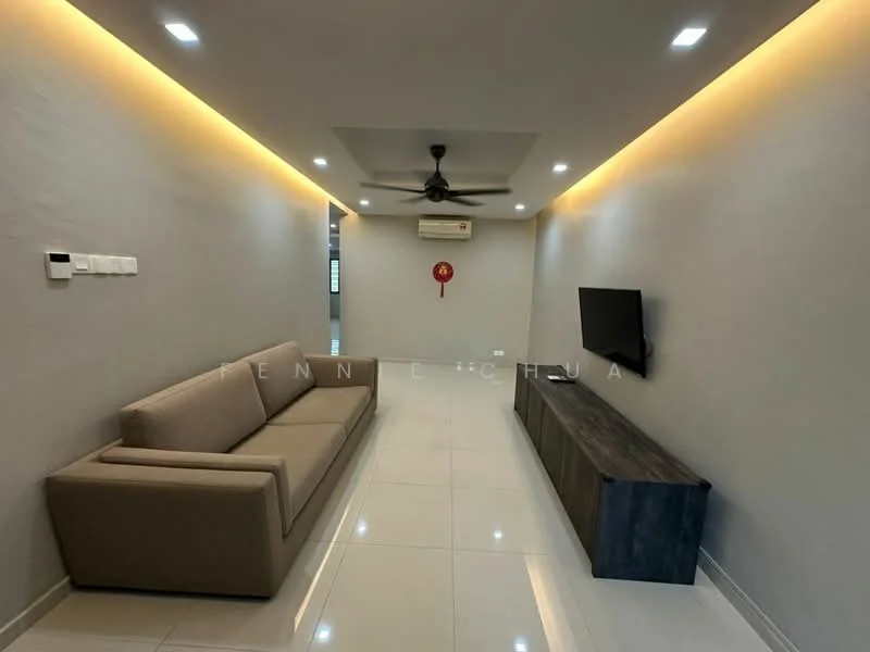 Living features: 3-seater fabric sofa in beige, wall-mounted TV, wooden TV console, recessed LED downlights, 5-blade ceiling fan, white painted walls, glossy ceramic tile flooring, air conditioning unit, decorative wall with accent lighting; style: modern.