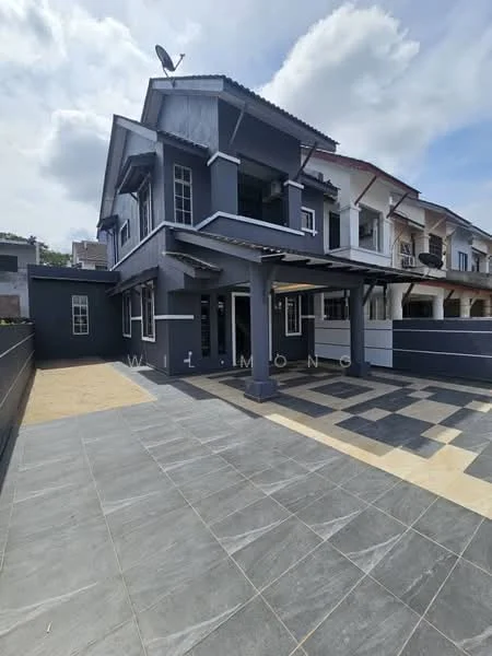 Exterior type: semi-detached house; features: grey painted facade, flat roof, two-storey structure, paved driveway, manicured lawn, covered porch, large windows, satellite dish, sidewalk, adjacent houses visible; style: modern.