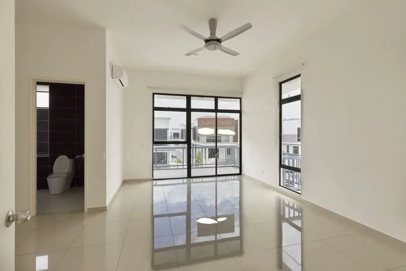 Living features: large floor-to-ceiling windows, sliding glass door, white painted walls, polished ceramic tile flooring, 5-blade ceiling fan, wall-mounted split AC, natural light, neutral color palette; style: modern; view: city. Room features: door leading to bathroom, unknown room adjacent to living area.