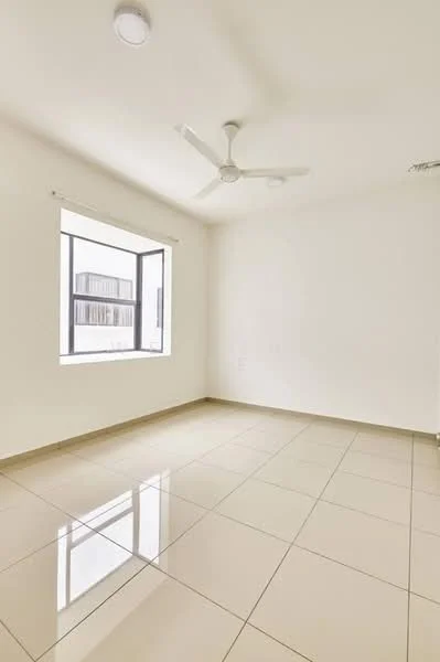 Room features: white painted walls, glossy ceramic tile flooring, ceiling fan, large window, natural light, neutral color scheme; style: modern.