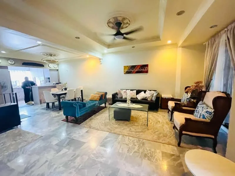 Living features: marble tile flooring, tray ceiling with ceiling fan, recessed downlights, 3-seater fabric sofa in blue, 2-seater leather sofa in brown, coffee table with glass top, area rug with geometric pattern, decorative cushions, wall-mounted artwork, large windows with sheer curtains; style: modern. Kitchen features: open layout to living area, bar counter with stools, white cabinetry, stainless-steel appliances; style: modern.
