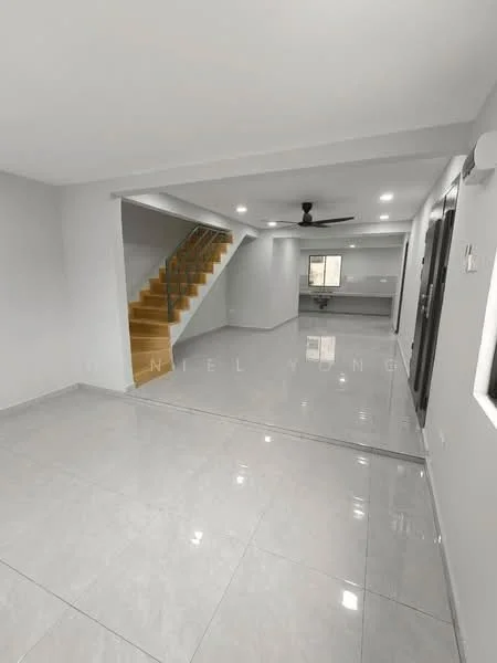 Living features: white painted walls, glossy ceramic tile flooring, 5-blade ceiling fan with light, recessed LED downlights, large window with view to outside, open layout to adjacent area, staircase with wooden steps, neutral color palette; style: modern.
