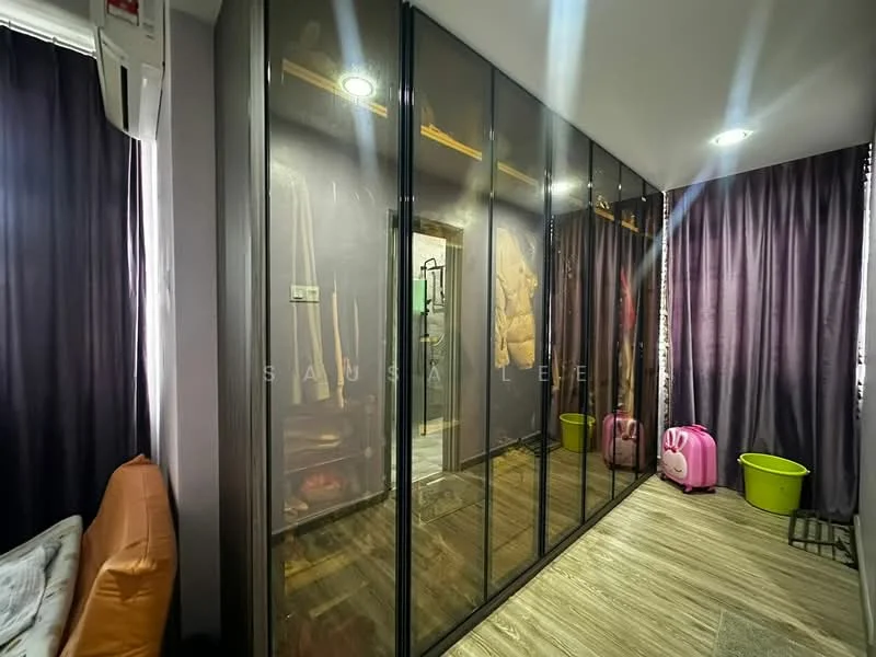 Room features: black glass wardrobe, wooden shelving, grey walls, dark curtains, laminate flooring, recessed downlights, air conditioning unit, pink storage bins, green storage bins, sofa, doorway leading to another room; style: modern.