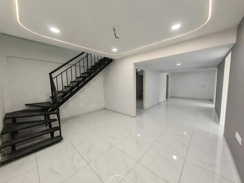Room features: white painted walls, grey accent wall, marble tile flooring, staircase with black railing, recessed LED downlights, open layout, smooth ceiling, large open space; style: modern.
