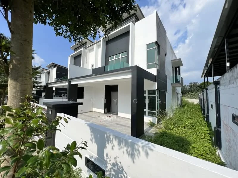 Exterior type: detached bungalow; features: white painted facade, black accent walls, large windows, flat roof, manicured landscaping, paved walkway, surrounded by greenery, two-storey structure, open porch area; style: modern.