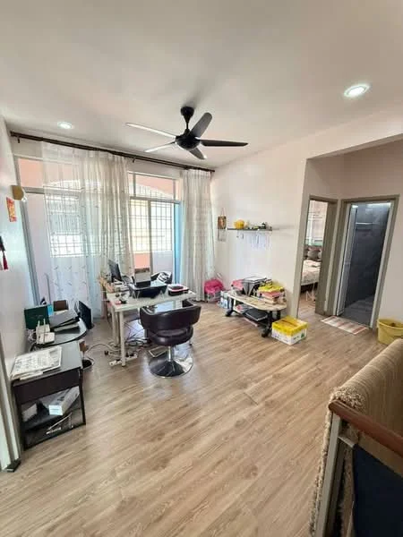 Room features: laminate flooring, 5-blade ceiling fan, floor-to-ceiling windows, sheer curtains, desk with computer, office chair, storage boxes, open shelving, wall-mounted shelves, light-colored walls, decorative items on shelves, doorway leading to another room, doorway leading to bathroom; style: modern.