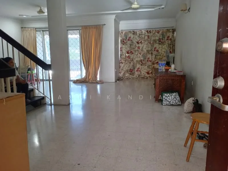 Living features: white walls, marble flooring, ceiling fan, large windows with security grills, curtains in beige, decorative wall with floral pattern, wooden furniture, open layout, natural light, seating area, side table, staircase leading to upper floor; style: modern.