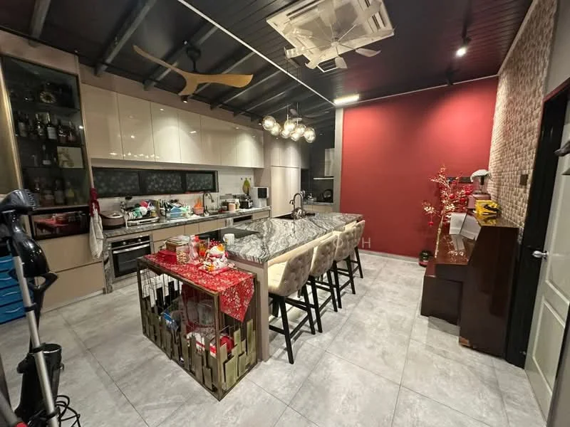 Kitchen features: island kitchen with bar seating, grey marble countertop, white glossy cabinetry, stainless-steel sink, chrome pull-down faucet, built-in oven, freestanding range oven, refrigerator, pendant lighting, 5-blade ceiling fan, grey tile flooring, red accent wall, decorative wall paneling, open shelving, kitchen island with storage; style: modern.