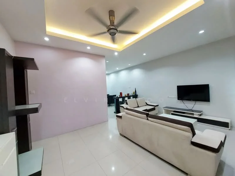 Living features: cream fabric sofa, 2-seater sofa, 3-seater sofa, ceiling fan with light, recessed downlights, wall-mounted TV, TV console, white walls, glossy tile flooring, decorative ceiling with cove lighting, open layout to dining area; style: modern.