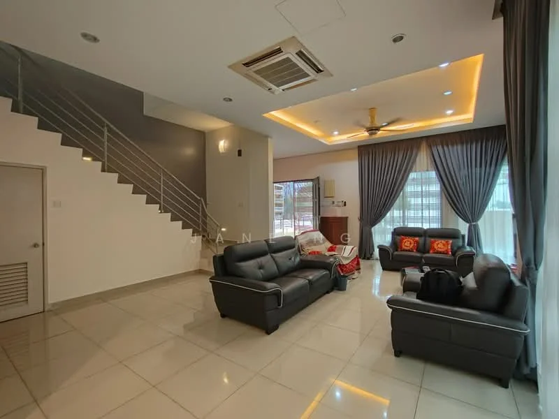 Living features: grey leather 3-seater sofa, grey leather 2-seater sofa, coffee table, wall-mounted TV, recessed LED downlights, 5-blade ceiling fan with light, large windows with sheer curtains, white painted walls, cream tiled flooring, staircase with metal railing, decorative cushions with orange accents; style: modern.