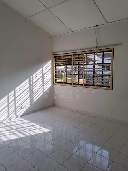 Room features: white painted walls, white ceiling, tile flooring, large window with wooden grille, natural light from window, no visible furniture, clean and uncluttered space; style: minimalist; view: garden.