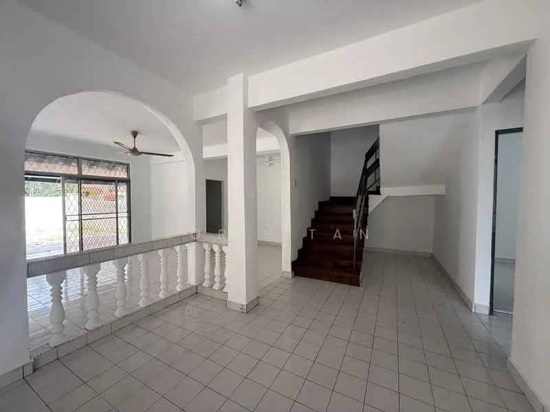 Room features: white painted walls, grey tiled flooring, arched doorways, ceiling fan, staircase with wooden steps, metal railing, large windows with security grills, open layout; style: modern; view: garden.