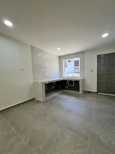 Kitchen features: grey marble tile flooring, white painted walls, grey tiled backsplash, single-bowl stainless-steel sink, chrome pull-down faucet, built-in countertop, window with view to outside, recessed LED downlights, solid wood door, open layout; style: modern.