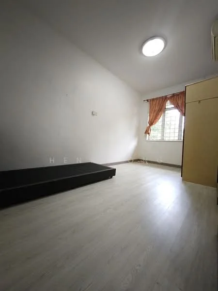 Room features: white painted walls, laminate flooring, window with sheer curtains, built-in wardrobe, skylight, single bed frame, ceiling-mounted air conditioning unit.