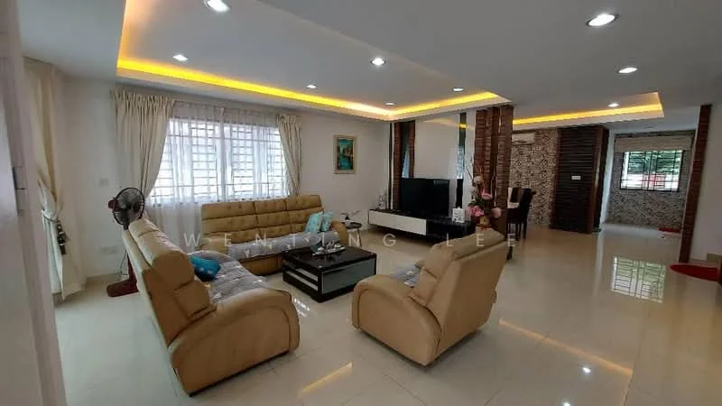 Living features: cream leather sofa, 3-seater sofa, 2 armchairs, glass coffee table, TV console, wall-mounted TV, recessed LED downlights, crown moulding, white painted walls, marble tile flooring, curtains, decorative wall art; style: modern.