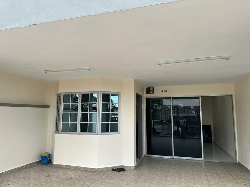 Room features: white painted walls, tile flooring, large windows, sliding glass door, ceiling lights, corner window, shelving unit, door with glass panels; style: modern.