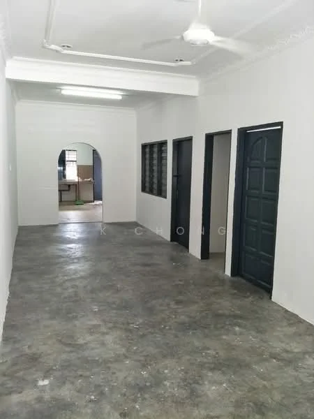 Room features: white painted walls, polished concrete flooring, exposed ceiling with lights, 5-blade ceiling fan, arched doorway, multiple doorways, window with grid pattern, neutral color scheme; style: modern.