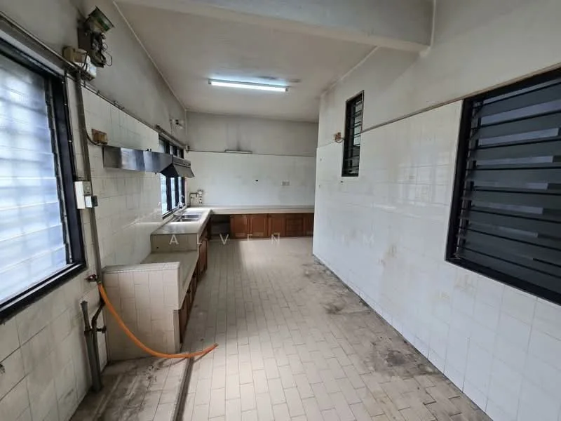 Kitchen features: white tiled walls, grey tiled flooring, single-bowl stainless-steel sink, chrome pull-down faucet, kitchen cabinetry with wooden finish, countertop with no visible material, exhaust hood, window with metal grilles, fluorescent ceiling light.