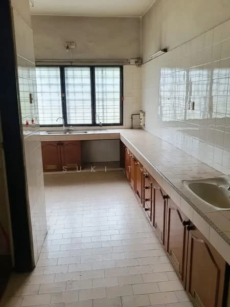 Kitchen features: white tiled walls, light-colored countertop, wood cabinetry with brown finish, single-bowl stainless-steel sink, window with grid pattern, tile flooring, built-in countertop space, kitchen faucet.