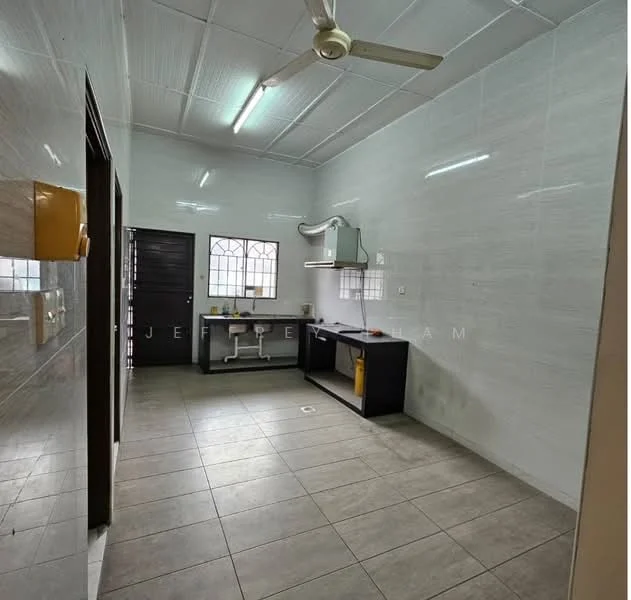 Kitchen features: white tiled walls, grey tiled flooring, ceiling fan, single-bowl stainless-steel sink, chrome pull-down faucet, black countertop, built-in kitchen cabinetry, window with security bars, wall-mounted range hood, open shelving, light fixtures, door to hallway; style: modern.