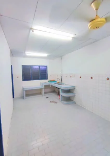 Laundry features: white painted walls, white tiled flooring, ceiling fan, double-basin sink, countertop, window with grid, light fixtures, plumbing fixtures.