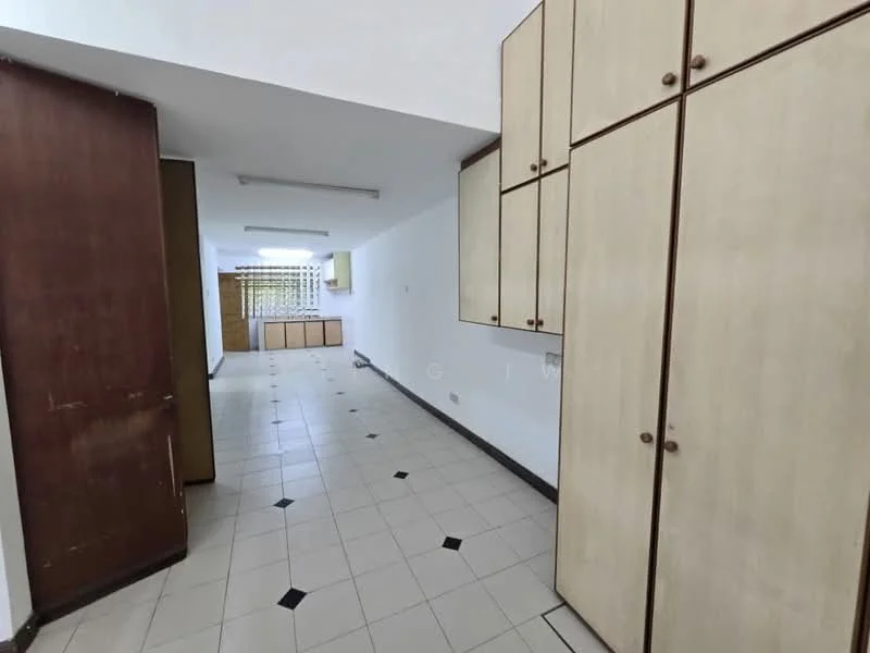 Room features: cream painted walls, tile flooring, built-in cabinets with wooden finish, ceiling lights, open layout, black diamond-patterned floor tiles, window with natural light, neutral color scheme; style: modern.