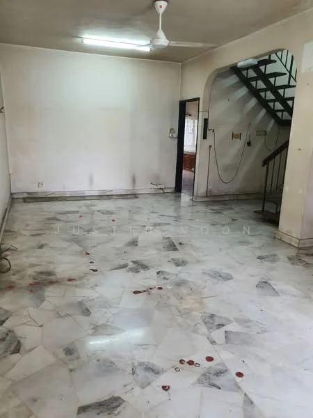 Room features: marble flooring, white painted walls, ceiling fan, staircase, arched doorway, light fixture on ceiling, visible electrical outlets, no visible furniture.