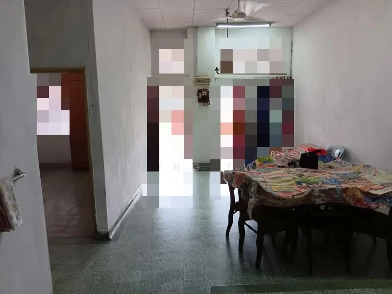 Dining features: dining table with tablecloth, wooden dining chairs, green speckled flooring, white painted walls, ceiling fan, wall-mounted air conditioning unit, doorway leading to another room, window with natural light. Room features: white painted walls, green speckled flooring, doorway leading to another room.