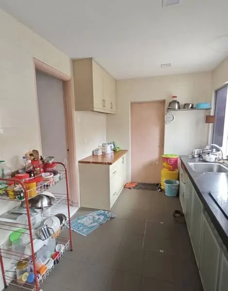Kitchen features: light-colored cabinetry, wood countertop, stainless-steel sink, single-bowl sink, chrome faucet, ceramic tile flooring, wall-mounted cabinets, open shelving, kitchen utensils on shelving, colorful plastic storage containers, wall clock, window with natural light.