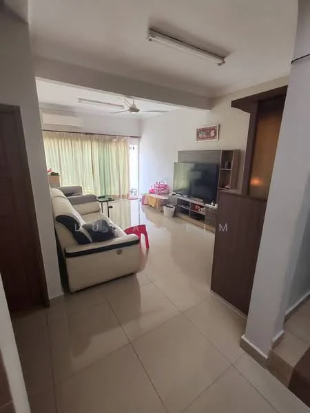 Living features: cream painted walls, glossy tile flooring, 5-blade ceiling fan with light, sofa with cream upholstery, red accent chair, coffee table, TV console, wall-mounted TV, curtains, large window, air conditioning unit; style: modern.