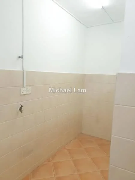 Laundry features: white painted walls, beige tiled walls, terracotta tile flooring, wall-mounted faucet, light fixture on ceiling.