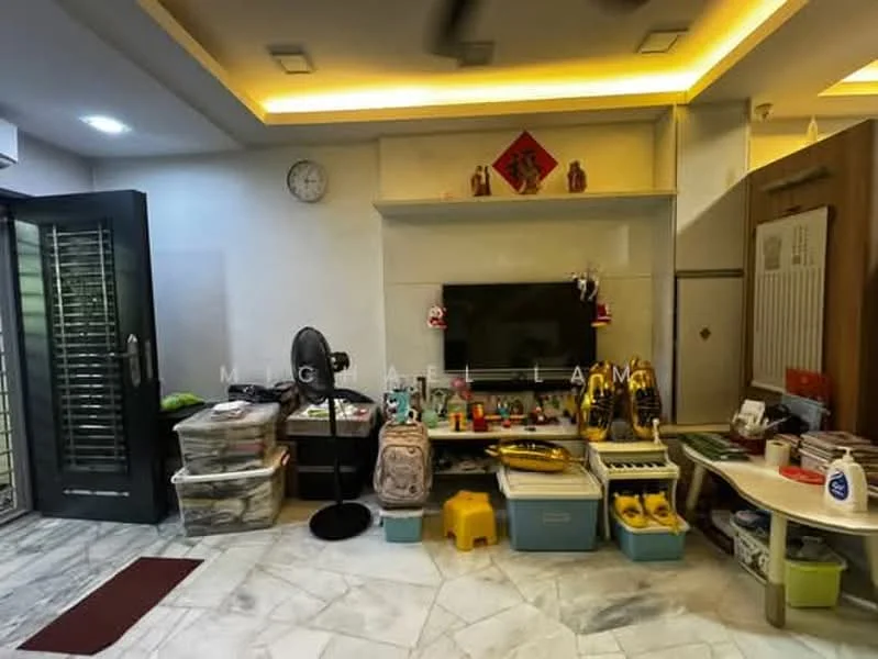 Living features: marble tile flooring, white painted walls, recessed ceiling lights, wall-mounted TV, wooden shelving unit, decorative wall art, clock on wall, various storage boxes, plastic storage containers, small table, ceiling fan; style: modern.
