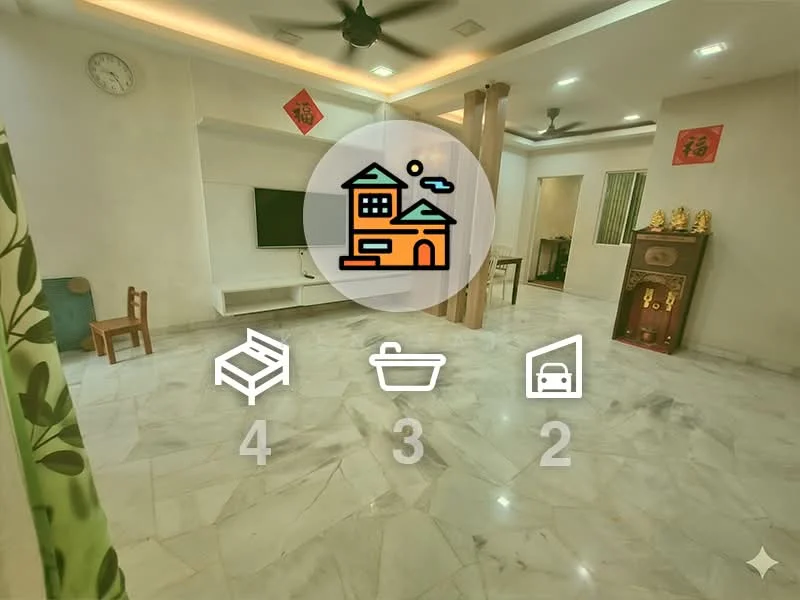 Living features: marble flooring, white painted walls, ceiling fan, wall-mounted TV, TV console, decorative wall with Chinese motifs, large windows with sheer curtains, area rug, wooden pillars, clock on the wall; style: modern. Room features: doorway leading to another room, greenery visible through the window.