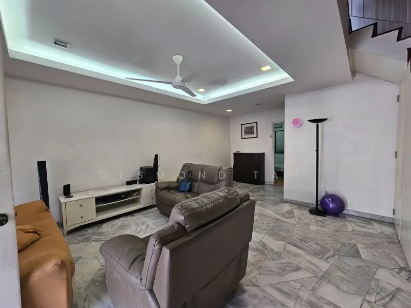 Living features: marble tile flooring, white painted walls, tray ceiling with recessed lighting, 5-blade ceiling fan with light, 2-seater leather sofa in brown, 3-seater fabric sofa in grey, TV console, wall-mounted TV, floor lamp, exercise ball, decorative wall art; style: modern.