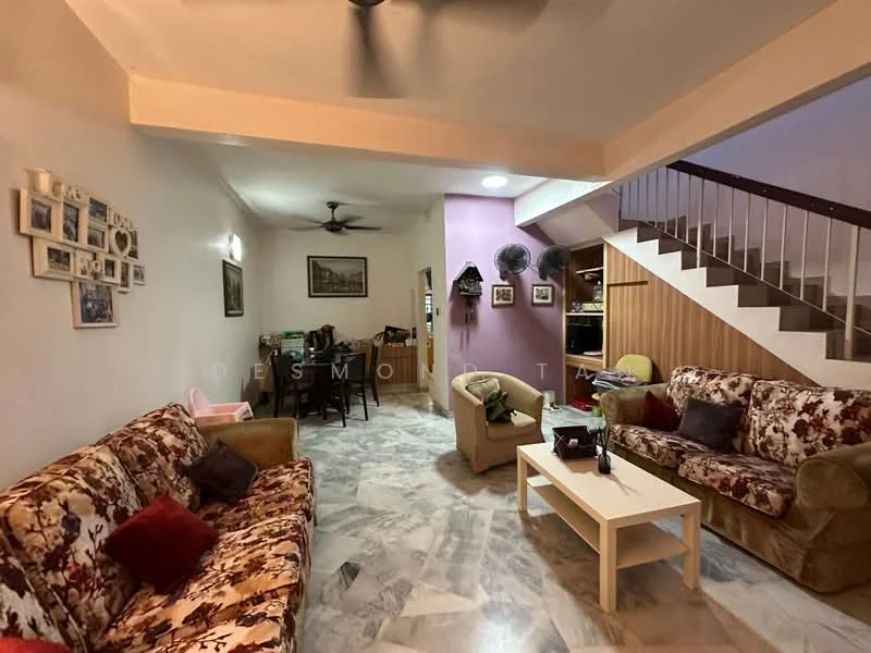 Living features: floral-patterned fabric sofa, 2-seater fabric sofa, 3-seater fabric sofa, coffee table, marble flooring, ceiling fan, wall-mounted artwork, decorative wall frames, staircase with wooden railing, open layout, natural light from windows; style: contemporary.