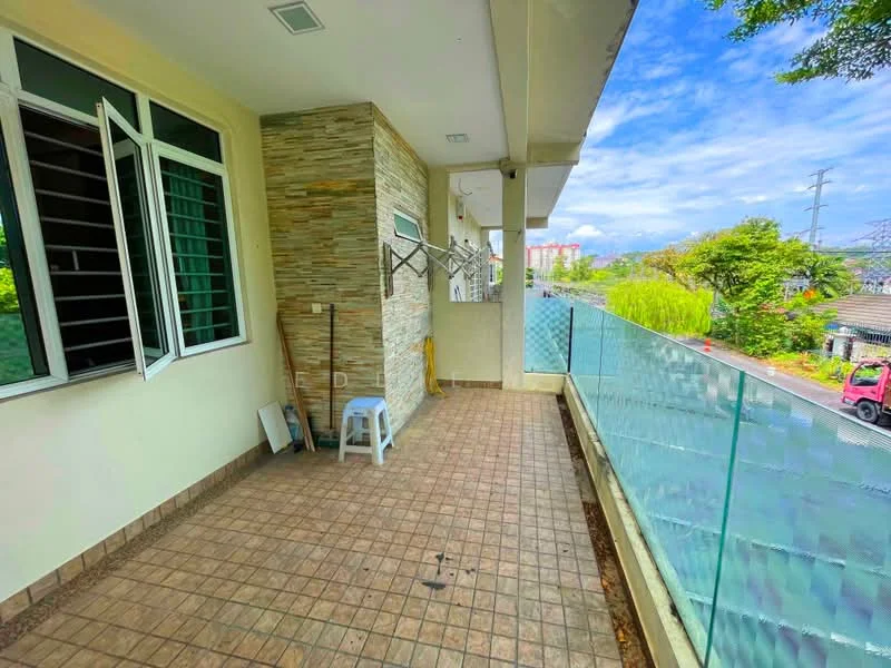 Room features: tiled flooring, glass railing, exposed stone wall, window with metal grilles, outdoor space, partially covered area, view of surrounding greenery, view of street; style: modern; view: garden.