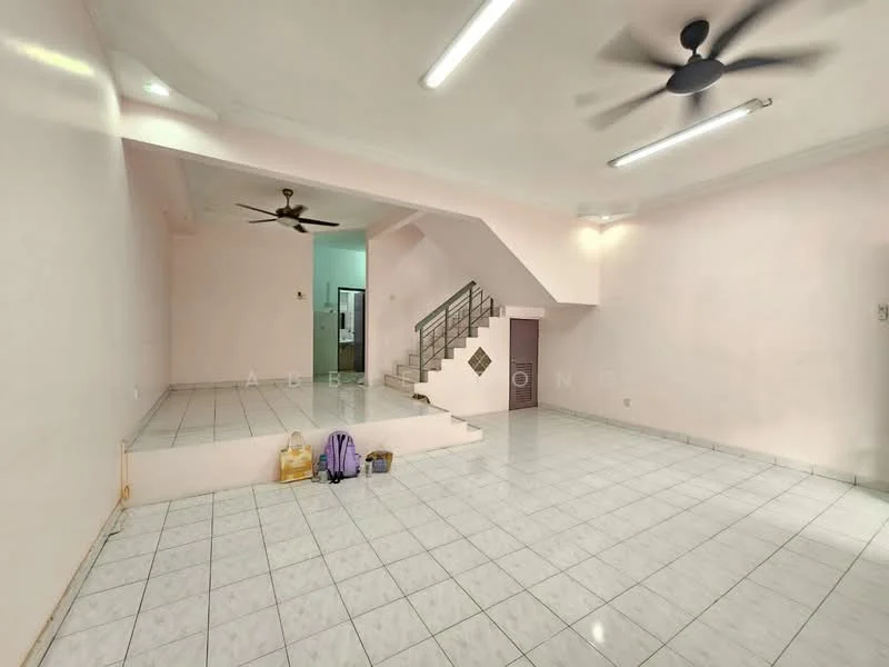 Living features: white painted walls, glossy white tile flooring, ceiling fan, recessed lighting, staircase with metal railing, open layout, natural light from windows, corner space for furniture arrangement; style: modern.