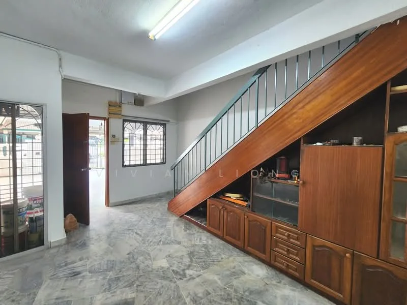 Room features: marble flooring, wooden staircase, wooden cabinetry, glass windows with metal grills, white walls, ceiling lights, open space layout, entry door, storage cabinet under stairs; style: traditional.